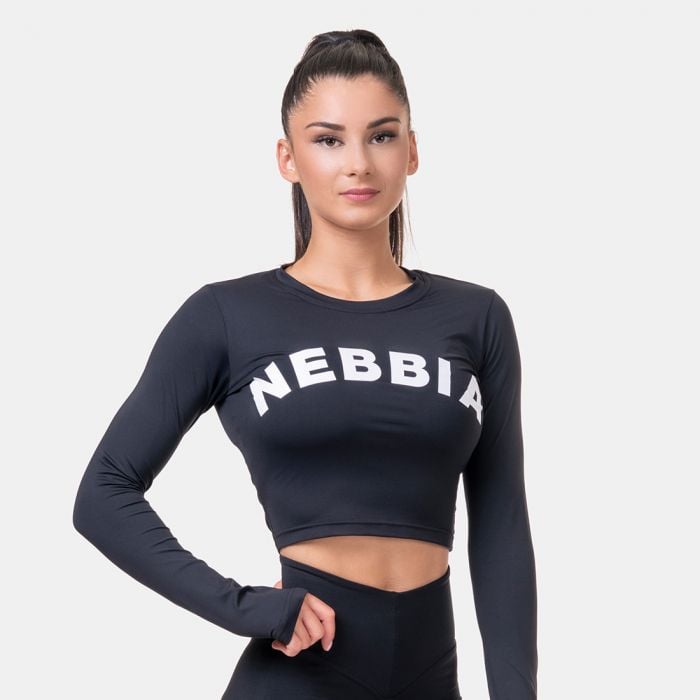 Women's T-shirt Crop Top Sporty Hero Long Sleeves Black - NEBBIA