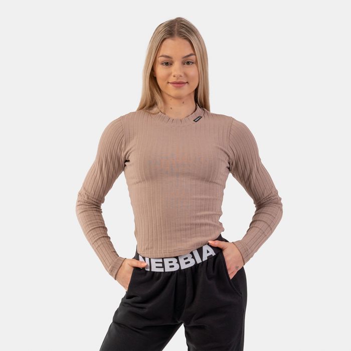 Tricou pentru femei Ribbed Long Sleeve Top Organic Cotton Brown - NEBBIA